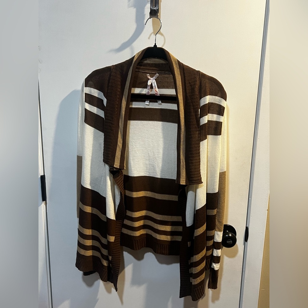 Derek Heart Brown and Cream Striped Open-Front Cardigan